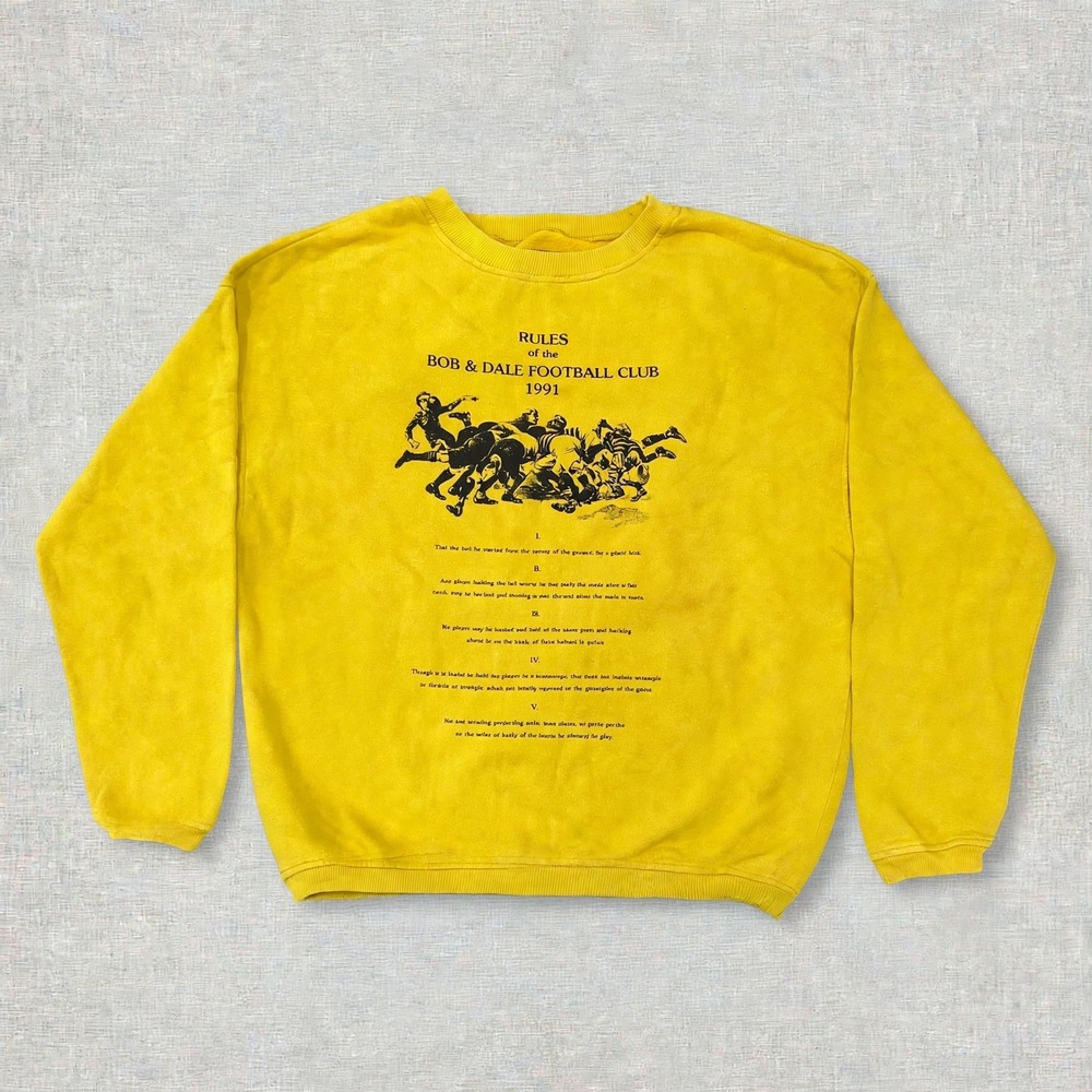 Vintage 1991 Bob & Dale Football Club Rules Rugby Sweatshirt Yellow Unisex L/XL